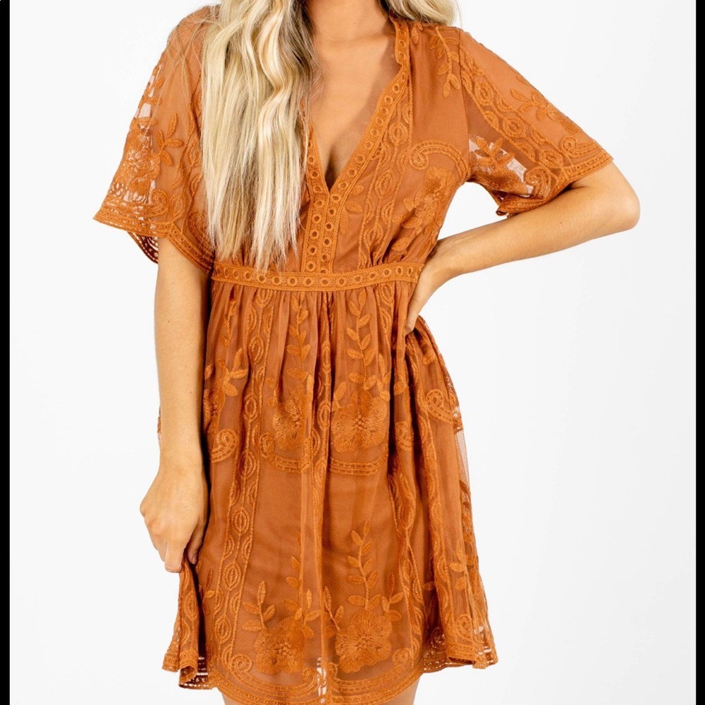 Light My Fire Lace Mini Dress Burnt Orange